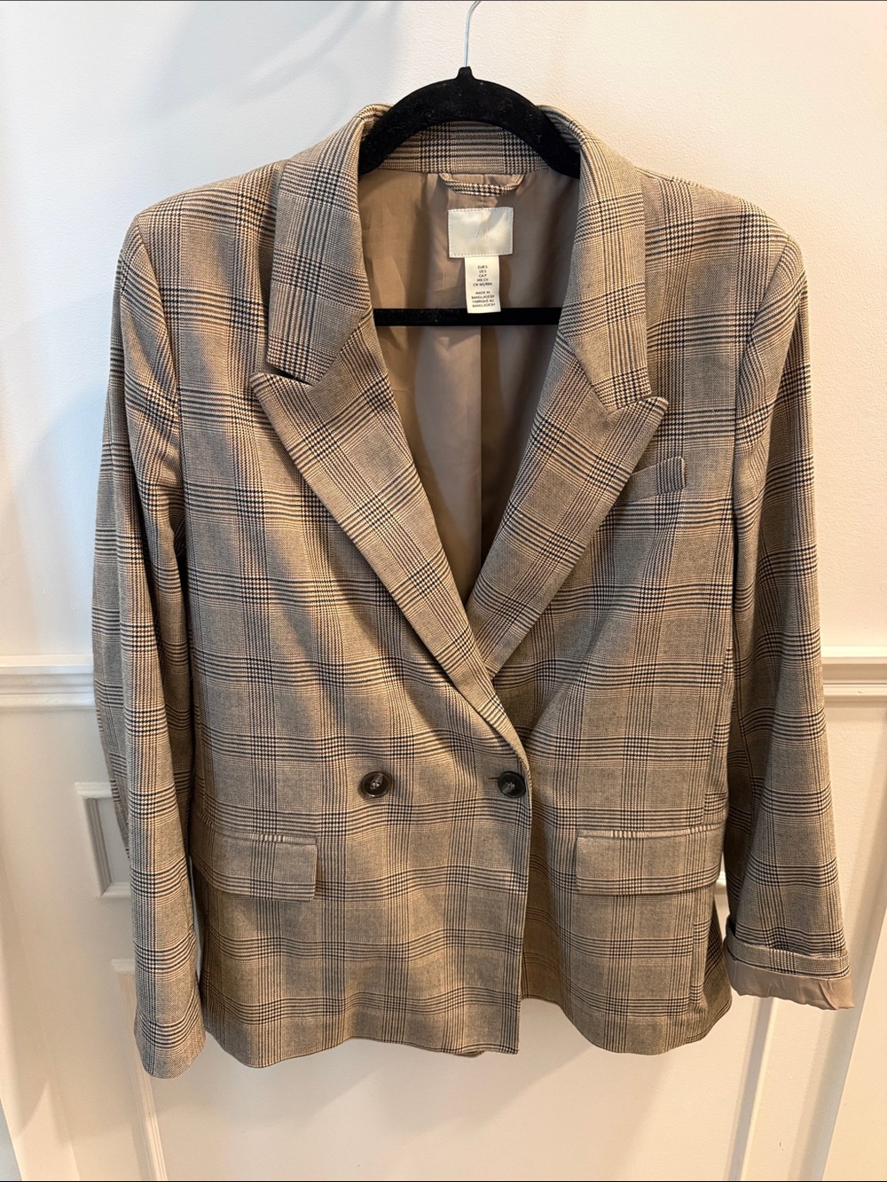 H&M Beige Plaid Double-Breasted Blazer